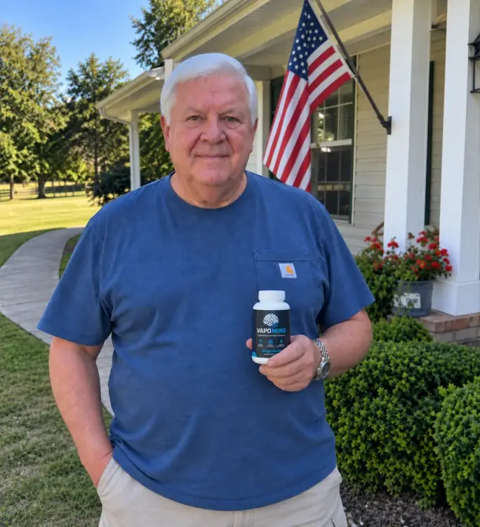 Lifestyle image of a man holding a VapoMind bottle on a front porch
