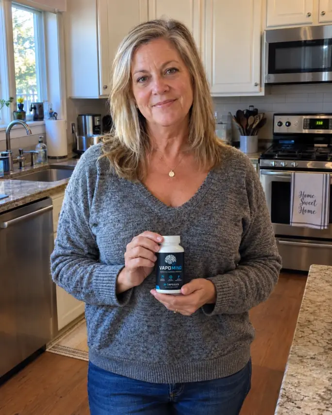 Lifestyle image of a woman holding a VapoMind bottle in her kitchen