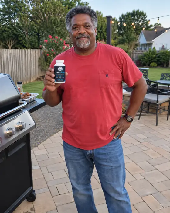 Lifestyle image of a man holding a VapoMind bottle on a backyard patio